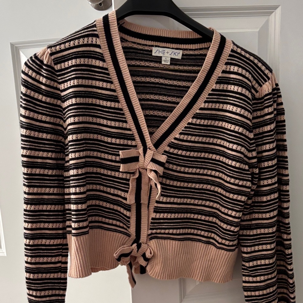 She + Sky Pink and Black Striped Cardigan